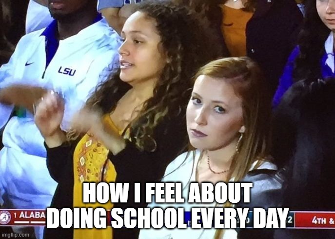 Annoyance | HOW I FEEL ABOUT DOING SCHOOL EVERY DAY | image tagged in lsu annoyed girl,school,memes,funny | made w/ Imgflip meme maker