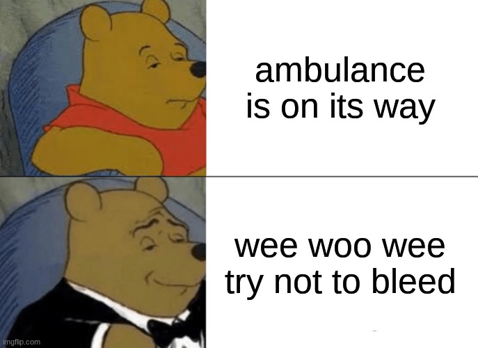 ambulance is on its way wee woo wee try not to bleed | image tagged in memes,tuxedo winnie the pooh | made w/ Imgflip meme maker