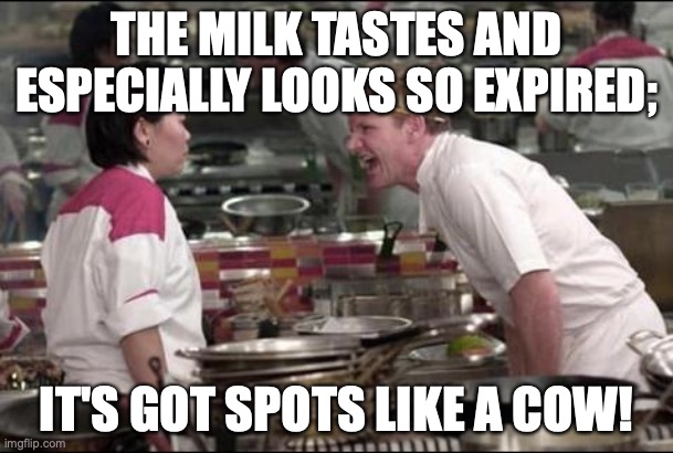 Gordon Ramsey Expired Milk Meme | THE MILK TASTES AND ESPECIALLY LOOKS SO EXPIRED;; IT'S GOT SPOTS LIKE A COW! | image tagged in memes,angry chef gordon ramsay,chef gordon ramsay,gordon ramsey meme | made w/ Imgflip meme maker