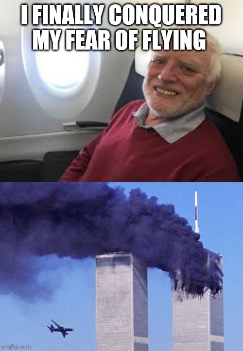 I FINALLY CONQUERED MY FEAR OF FLYING | image tagged in memes,hide the pain harold | made w/ Imgflip meme maker