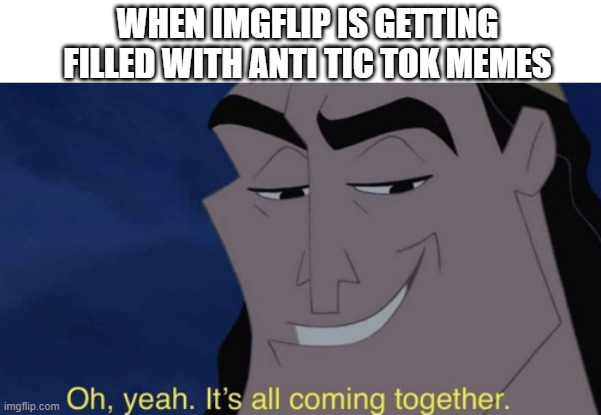finally, im so happy | WHEN IMGFLIP IS GETTING FILLED WITH ANTI TIC TOK MEMES | image tagged in it's all coming together | made w/ Imgflip meme maker