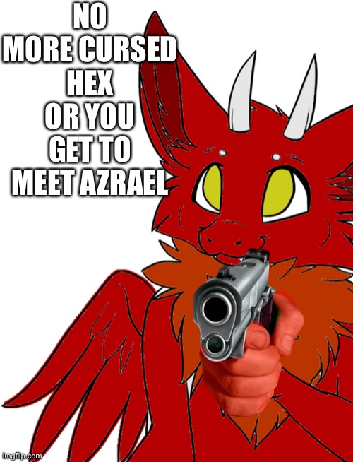Wiiwjw | NO MORE CURSED HEX OR YOU GET TO MEET AZRAEL | image tagged in blaze with gun | made w/ Imgflip meme maker