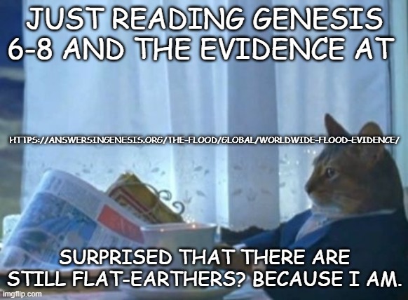 Flat-Earthers Should Buy a Bible (NO SPAM OR ADS PRESENT) | JUST READING GENESIS 6-8 AND THE EVIDENCE AT; HTTPS://ANSWERSINGENESIS.ORG/THE-FLOOD/GLOBAL/WORLDWIDE-FLOOD-EVIDENCE/; SURPRISED THAT THERE ARE STILL FLAT-EARTHERS? BECAUSE I AM. | image tagged in memes,i should buy a boat cat,flat earth,holy bible,noah's ark | made w/ Imgflip meme maker