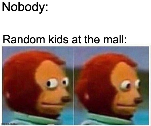 Monkey Puppet Meme | Nobody:; Random kids at the mall: | image tagged in memes,monkey puppet,relatable | made w/ Imgflip meme maker