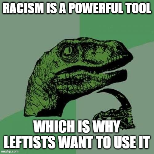 Philosoraptor Meme | RACISM IS A POWERFUL TOOL WHICH IS WHY LEFTISTS WANT TO USE IT | image tagged in memes,philosoraptor | made w/ Imgflip meme maker