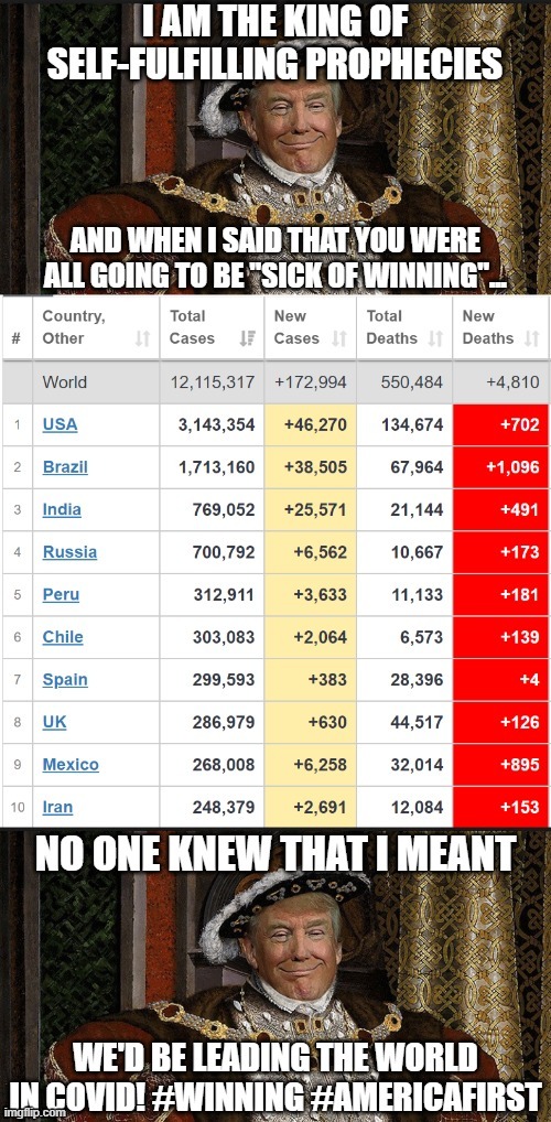 Sick of winning yet? | image tagged in covid-19,coronavirus,winning,donald trump is an idiot,trump is a moron,pandemic | made w/ Imgflip meme maker