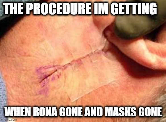 me ears | THE PROCEDURE IM GETTING; WHEN RONA GONE AND MASKS GONE | image tagged in coronavirus,covid-19,funny memes,dank memes,so true memes,original meme | made w/ Imgflip meme maker