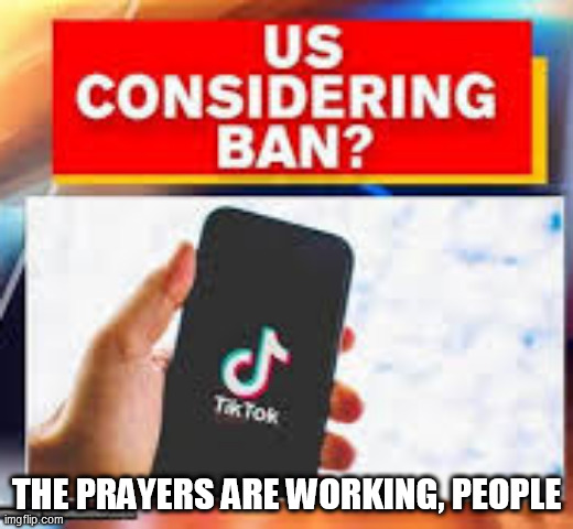 THE BAN!!!! | THE PRAYERS ARE WORKING, PEOPLE | image tagged in tik tok | made w/ Imgflip meme maker