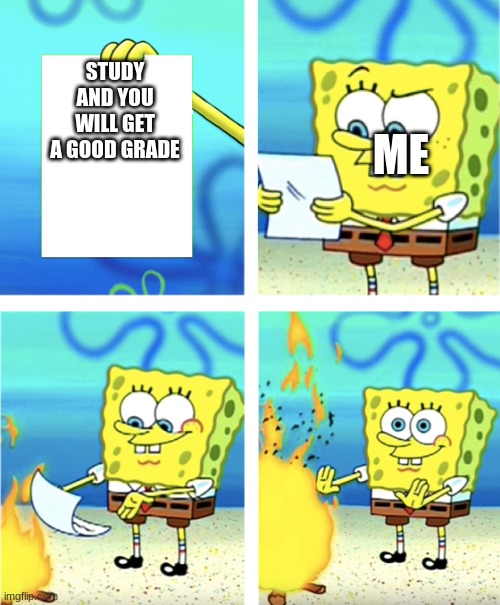 spongebob throwing paper into fire | STUDY AND YOU WILL GET A GOOD GRADE; ME | image tagged in spongebob throwing paper into fire | made w/ Imgflip meme maker