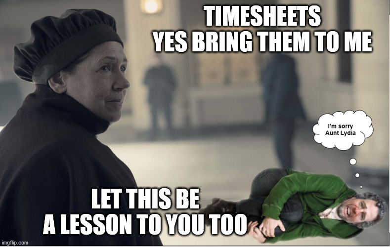 Under Her Eye | TIMESHEETS YES BRING THEM TO ME; LET THIS BE A LESSON TO YOU TOO | image tagged in sorry aunt lydia,timesheet reminder,timesheet meme,under her eye,time sheets on those who forget their timesheet | made w/ Imgflip meme maker