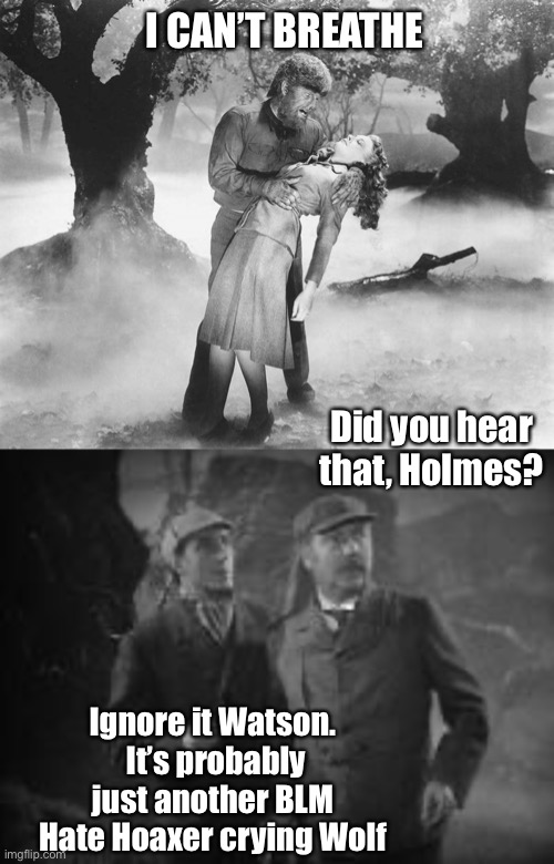This Shit Has Gotten Old | I CAN’T BREATHE; Did you hear that, Holmes? Ignore it Watson.  It’s probably just another BLM Hate Hoaxer crying Wolf | image tagged in blm,george floyd,werewolf,sherlock holmes | made w/ Imgflip meme maker