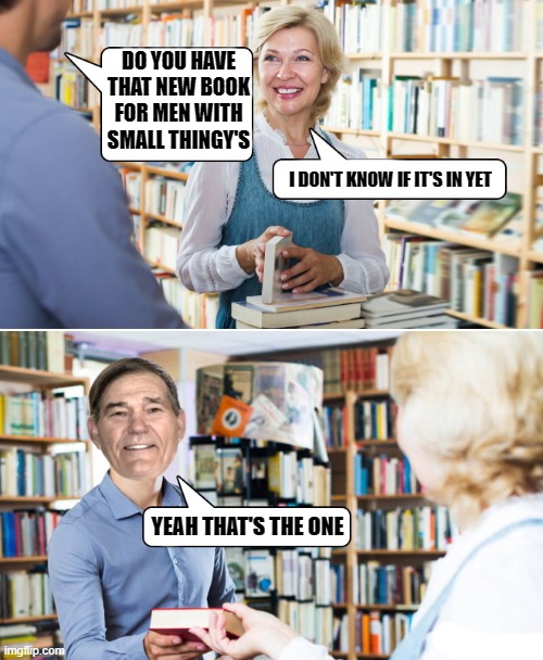 at the library | DO YOU HAVE THAT NEW BOOK FOR MEN WITH SMALL THINGY'S; I DON'T KNOW IF IT'S IN YET; YEAH THAT'S THE ONE | image tagged in library,book,joke | made w/ Imgflip meme maker