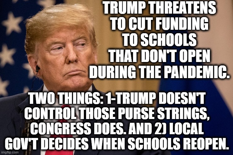 Another Toothless, Empty Threat. | TRUMP THREATENS TO CUT FUNDING TO SCHOOLS THAT DON'T OPEN DURING THE PANDEMIC. TWO THINGS: 1-TRUMP DOESN'T CONTROL THOSE PURSE STRINGS, CONGRESS DOES. AND 2) LOCAL GOV'T DECIDES WHEN SCHOOLS REOPEN. | image tagged in donald trump,schools,covid-19,congress,traitor,liar | made w/ Imgflip meme maker