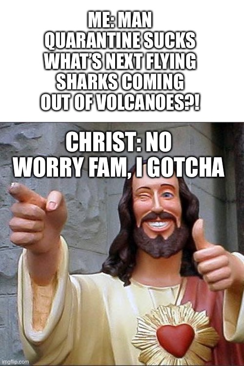 That would actually be the least of hour concerns | ME: MAN QUARANTINE SUCKS WHAT’S NEXT FLYING SHARKS COMING OUT OF VOLCANOES?! CHRIST: NO WORRY FAM, I GOTCHA | image tagged in memes,buddy christ | made w/ Imgflip meme maker