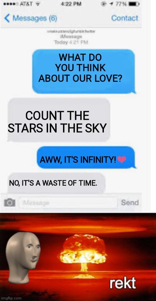 rkt | WHAT DO YOU THINK ABOUT OUR LOVE? COUNT THE STARS IN THE SKY; AWW, IT'S INFINITY!❤️; NO, IT'S A WASTE OF TIME. | image tagged in blank text conversation,rekt w/text | made w/ Imgflip meme maker