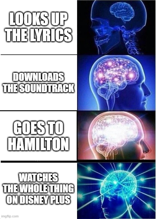 Not A Paid Promotion | LOOKS UP THE LYRICS; DOWNLOADS THE SOUNDTRACK; GOES TO HAMILTON; WATCHES THE WHOLE THING ON DISNEY PLUS | image tagged in memes,expanding brain,disney plus,hamilton,not paid promotion | made w/ Imgflip meme maker