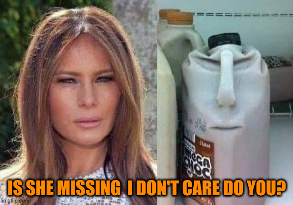 Milkania Trump | IS SHE MISSING  I DON'T CARE DO YOU? | image tagged in melania trump | made w/ Imgflip meme maker