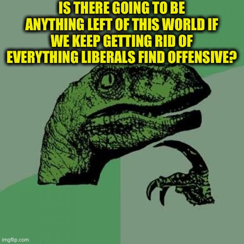 Philosoraptor Meme | IS THERE GOING TO BE ANYTHING LEFT OF THIS WORLD IF WE KEEP GETTING RID OF EVERYTHING LIBERALS FIND OFFENSIVE? | image tagged in memes,philosoraptor,liberals,liberal logic,offended,democrats | made w/ Imgflip meme maker