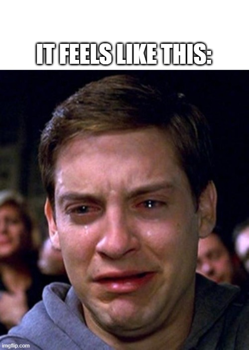 crying peter parker | IT FEELS LIKE THIS: | image tagged in crying peter parker | made w/ Imgflip meme maker