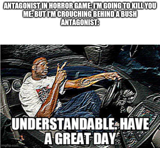UNDERSTANDABLE, HAVE A GREAT DAY | ANTAGONIST IN HORROR GAME: I'M GOING TO KILL YOU
ME: BUT I'M CROUCHING BEHIND A BUSH
ANTAGONIST: | image tagged in understandable have a great day | made w/ Imgflip meme maker