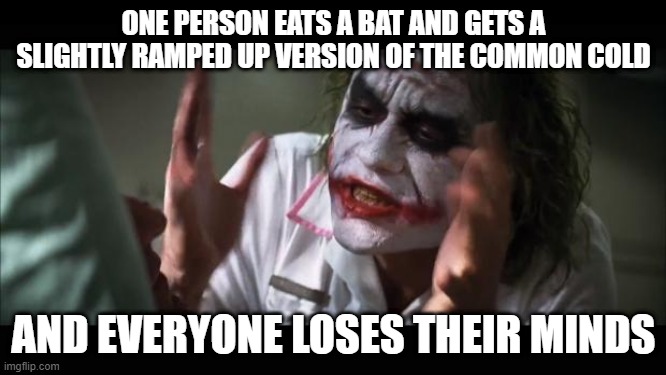 Not Everyone Truly Gets Sick... | ONE PERSON EATS A BAT AND GETS A SLIGHTLY RAMPED UP VERSION OF THE COMMON COLD; AND EVERYONE LOSES THEIR MINDS | image tagged in memes,and everybody loses their minds | made w/ Imgflip meme maker