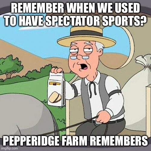 Pepperidge Farm Remembers Meme | REMEMBER WHEN WE USED TO HAVE SPECTATOR SPORTS? PEPPERIDGE FARM REMEMBERS | image tagged in memes,pepperidge farm remembers | made w/ Imgflip meme maker