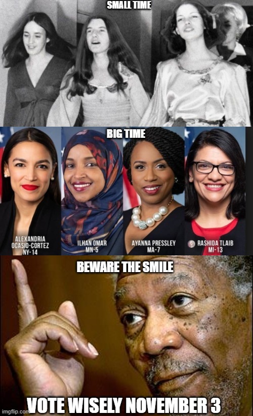 Squad | SMALL TIME; BIG TIME; BEWARE THE SMILE; VOTE WISELY NOVEMBER 3 | image tagged in this morgan freeman | made w/ Imgflip meme maker