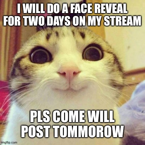 Smiling Cat Meme | I WILL DO A FACE REVEAL FOR TWO DAYS ON MY STREAM; PLS COME WILL POST TOMMOROW | image tagged in memes,smiling cat | made w/ Imgflip meme maker