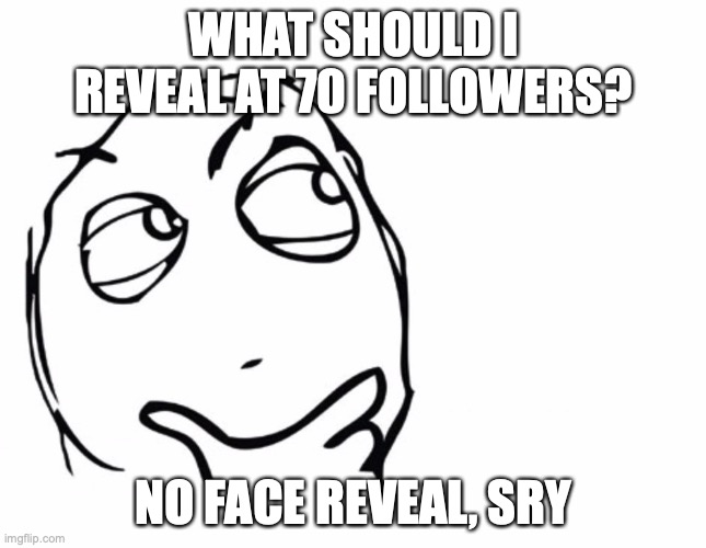 YOU decide! | WHAT SHOULD I REVEAL AT 70 FOLLOWERS? NO FACE REVEAL, SRY | image tagged in hmmm,reveal,you choose,my brain has a limit on random objects ya know,good luck | made w/ Imgflip meme maker