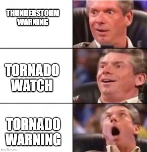 Storm Warning | THUNDERSTORM WARNING; TORNADO WATCH; TORNADO WARNING | image tagged in memes | made w/ Imgflip meme maker