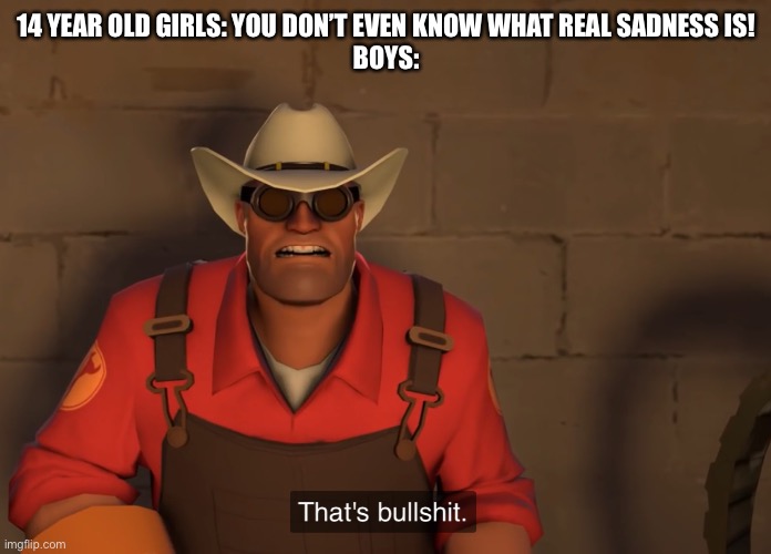 Engineer that’s bullshit | 14 YEAR OLD GIRLS: YOU DON’T EVEN KNOW WHAT REAL SADNESS IS!
BOYS: | image tagged in engineer thats bullshit | made w/ Imgflip meme maker
