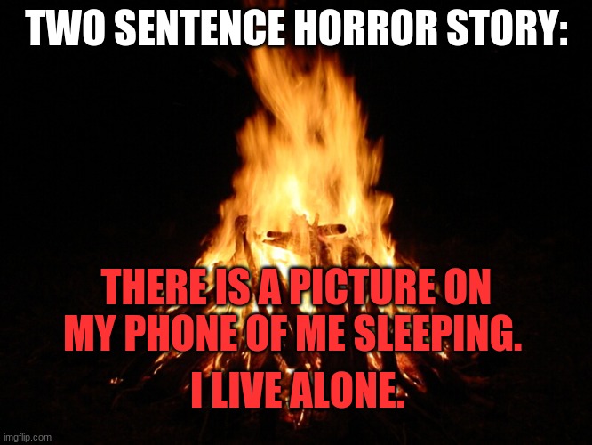Want more two sentence stories? |  TWO SENTENCE HORROR STORY:; THERE IS A PICTURE ON MY PHONE OF ME SLEEPING. I LIVE ALONE. | image tagged in campfire | made w/ Imgflip meme maker