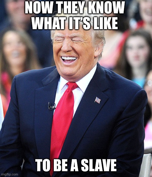 trump laughing | NOW THEY KNOW WHAT IT’S LIKE TO BE A SLAVE | image tagged in trump laughing | made w/ Imgflip meme maker