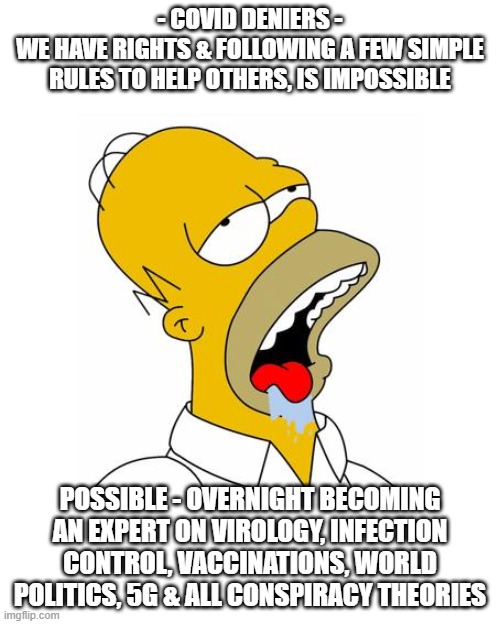 Homer Simpson Drooling | - COVID DENIERS -
WE HAVE RIGHTS & FOLLOWING A FEW SIMPLE RULES TO HELP OTHERS, IS IMPOSSIBLE; POSSIBLE - OVERNIGHT BECOMING AN EXPERT ON VIROLOGY, INFECTION CONTROL, VACCINATIONS, WORLD POLITICS, 5G & ALL CONSPIRACY THEORIES | image tagged in homer simpson drooling,rules | made w/ Imgflip meme maker