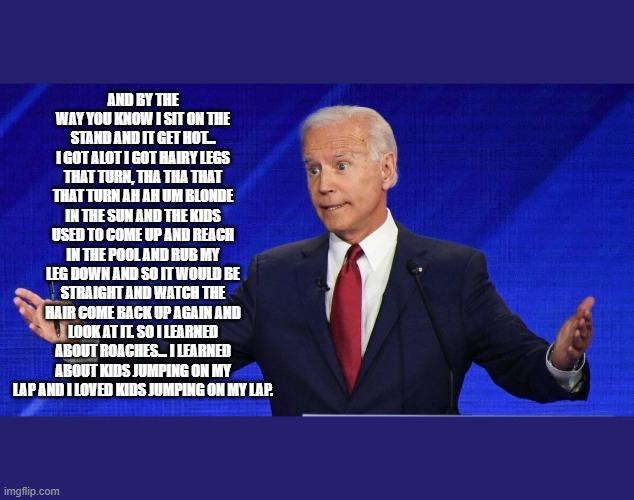 Great Biden Speech | AND BY THE WAY YOU KNOW I SIT ON THE STAND AND IT GET HOT... I GOT ALOT I GOT HAIRY LEGS THAT TURN, THA THA THAT THAT TURN AH AH UM BLONDE IN THE SUN AND THE KIDS USED TO COME UP AND REACH IN THE POOL AND RUB MY LEG DOWN AND SO IT WOULD BE STRAIGHT AND WATCH THE HAIR COME BACK UP AGAIN AND LOOK AT IT. SO I LEARNED ABOUT ROACHES... I LEARNED ABOUT KIDS JUMPING ON MY LAP AND I LOVED KIDS JUMPING ON MY LAP. | image tagged in joe biden,biden,hairy legs,speech | made w/ Imgflip meme maker