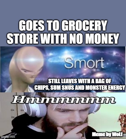 Hhmm ? | GOES TO GROCERY STORE WITH NO MONEY; STILL LEAVES WITH A BAG OF CHIPS, SUM SNUS AND MONSTER ENERGY; Meme by WoLf | image tagged in meme man smort | made w/ Imgflip meme maker