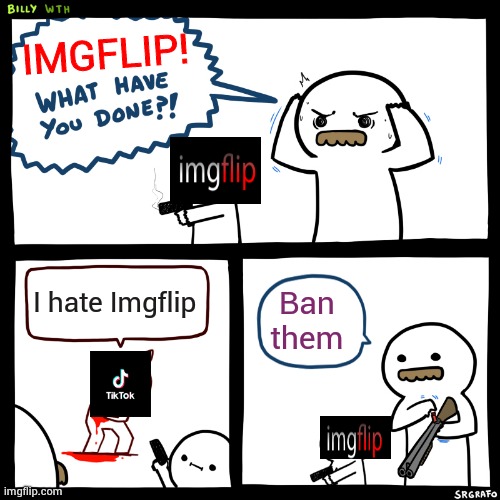 Imgflip vs TikTok | IMGFLIP! I hate Imgflip; Ban them | image tagged in billy what have you done,imgflip,tiktok | made w/ Imgflip meme maker