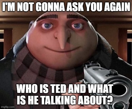 Who is TED? | I'M NOT GONNA ASK YOU AGAIN; WHO IS TED AND WHAT IS HE TALKING ABOUT? | image tagged in gru gun | made w/ Imgflip meme maker