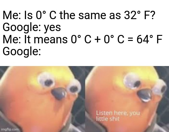 sciencs | Me: Is 0° C the same as 32° F?
Google: yes
Me: It means 0° C + 0° C = 64° F
Google: | image tagged in listen here you little shit bird,school,science,memes,funny,google | made w/ Imgflip meme maker
