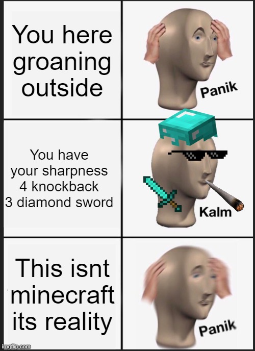 Panik Kalm Panik Meme | You here groaning outside; You have your sharpness 4 knockback 3 diamond sword; This isnt minecraft its reality | image tagged in memes,panik kalm panik | made w/ Imgflip meme maker