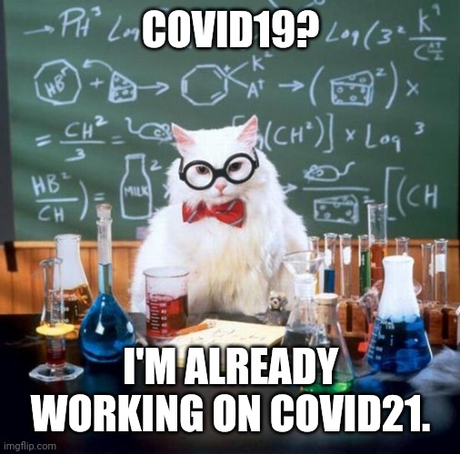 Chemistry Cat Meme | COVID19? I'M ALREADY WORKING ON COVID21. | image tagged in memes,chemistry cat | made w/ Imgflip meme maker