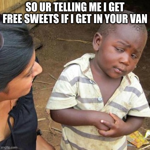 Third World Skeptical Kid Meme | SO UR TELLING ME I GET FREE SWEETS IF I GET IN YOUR VAN | image tagged in memes,third world skeptical kid | made w/ Imgflip meme maker