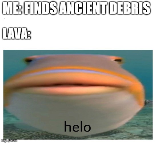 Helo | ME: FINDS ANCIENT DEBRIS; LAVA: | image tagged in minecraft,helo | made w/ Imgflip meme maker