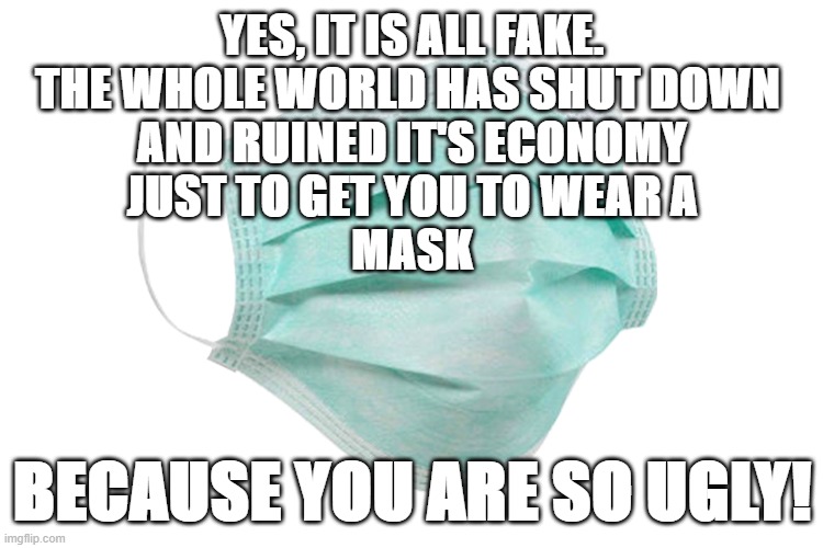 Face mask | YES, IT IS ALL FAKE.
THE WHOLE WORLD HAS SHUT DOWN 
AND RUINED IT'S ECONOMY
JUST TO GET YOU TO WEAR A
MASK; BECAUSE YOU ARE SO UGLY! | image tagged in face mask | made w/ Imgflip meme maker