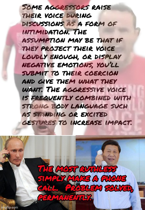 Aggressor 101 | image tagged in maples,putin,jinping,intimidation,costco,phone | made w/ Imgflip meme maker