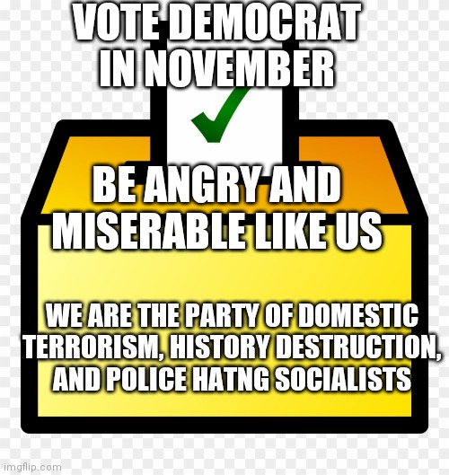 Ballot Box color Yellow | VOTE DEMOCRAT IN NOVEMBER; BE ANGRY AND MISERABLE LIKE US; WE ARE THE PARTY OF DOMESTIC TERRORISM, HISTORY DESTRUCTION, AND POLICE HATNG SOCIALISTS | image tagged in ballot box color yellow | made w/ Imgflip meme maker