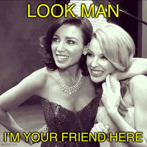 Dannii & Kylie | LOOK MAN I’M YOUR FRIEND HERE | image tagged in dannii  kylie | made w/ Imgflip meme maker
