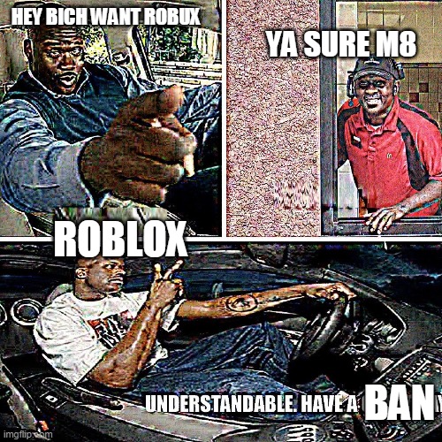 yes | YA SURE M8; HEY BICH WANT ROBUX; ROBLOX; BAN | image tagged in understandable have a great day | made w/ Imgflip meme maker