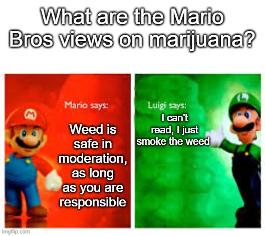 LUIGI NO | What are the Mario Bros views on marijuana? I can't read, I just smoke the weed; Weed is safe in moderation, as long as you are responsible | image tagged in marijuana,mario,mario bros views,what are the mario bros views on | made w/ Imgflip meme maker