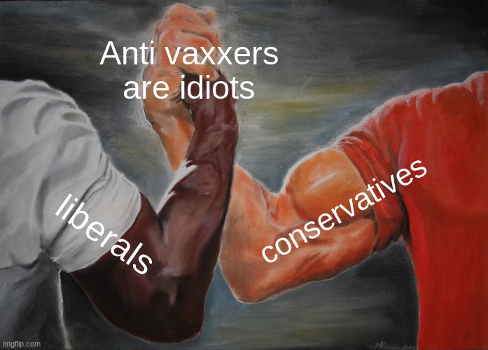 the one thing we all can agree on | Anti vaxxers are idiots; conservatives; liberals | image tagged in memes,epic handshake,liberals,conservatives,anti vax | made w/ Imgflip meme maker